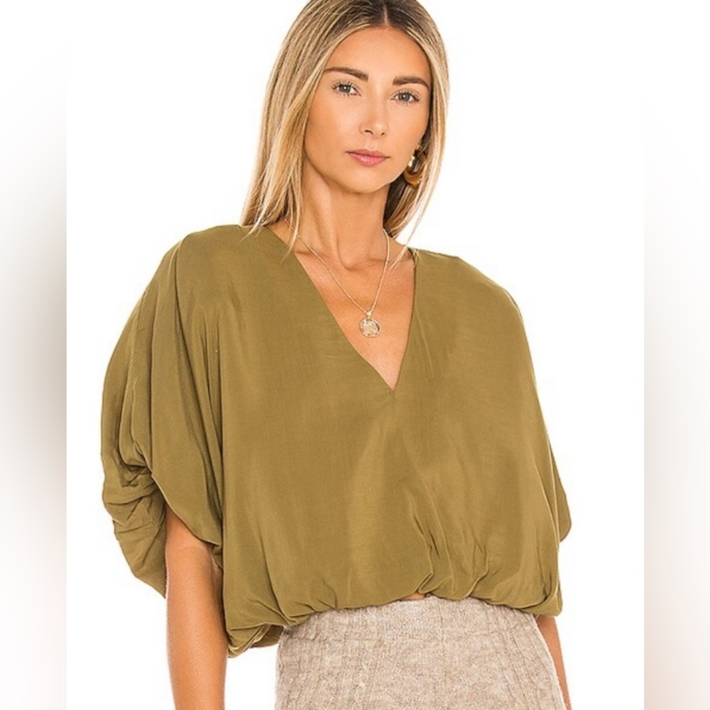 Tularosa Jace Crop Top in Olive Green with Puff Sleeve